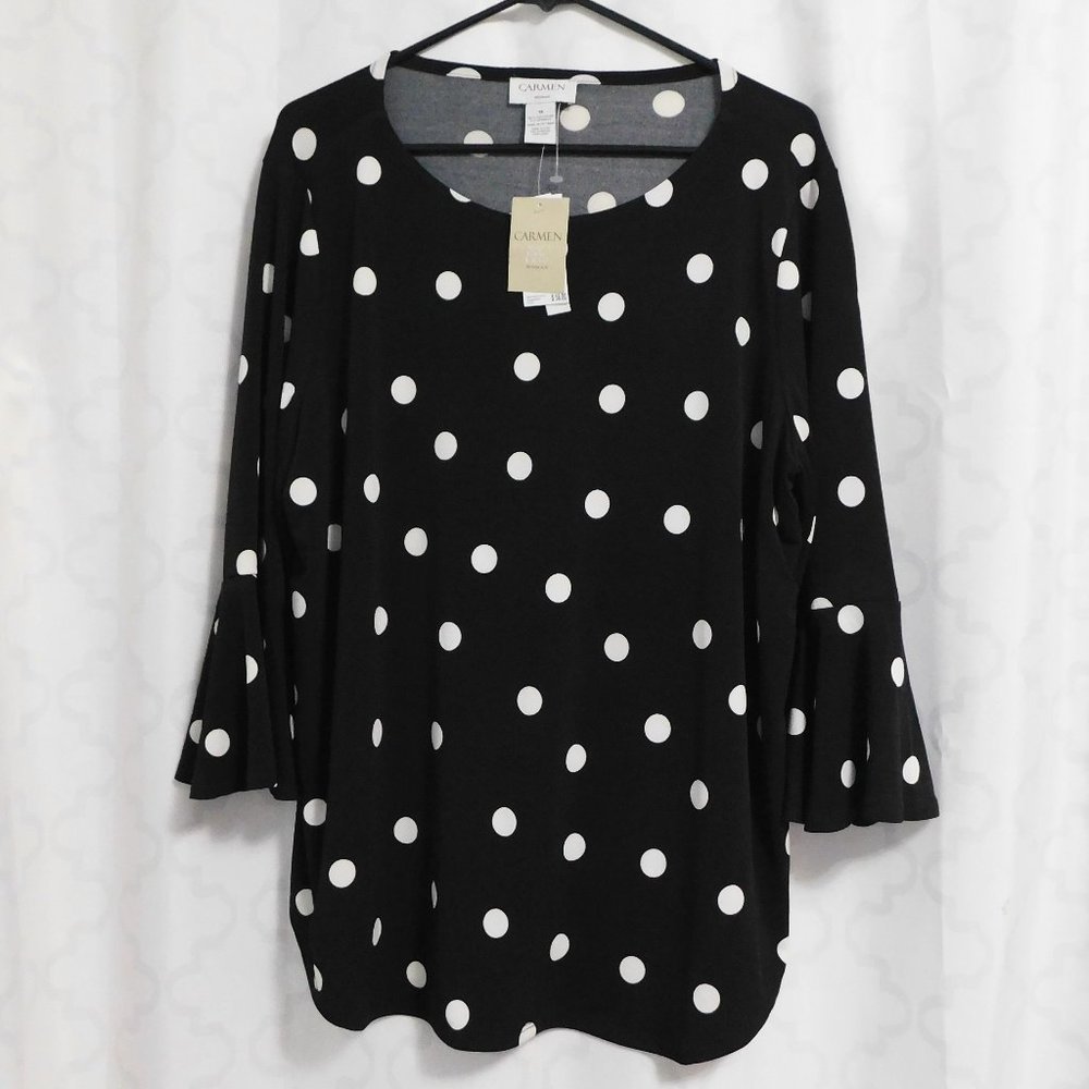 Carmen - Black With White Polka Dots Scoop Neck Top - 1X (NWT)